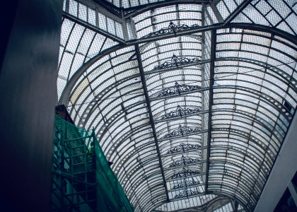 The Victorian glass-and-ironwork roof of Barton Arcade, Manchester